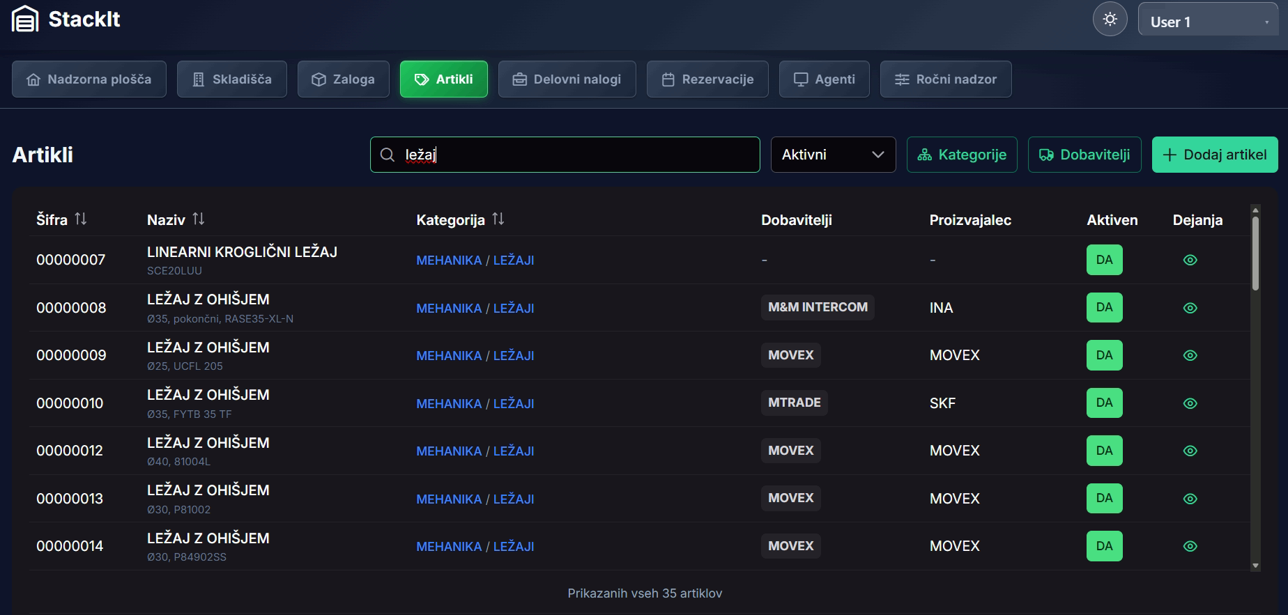 StackIT on-board warehouse management software — article search and list